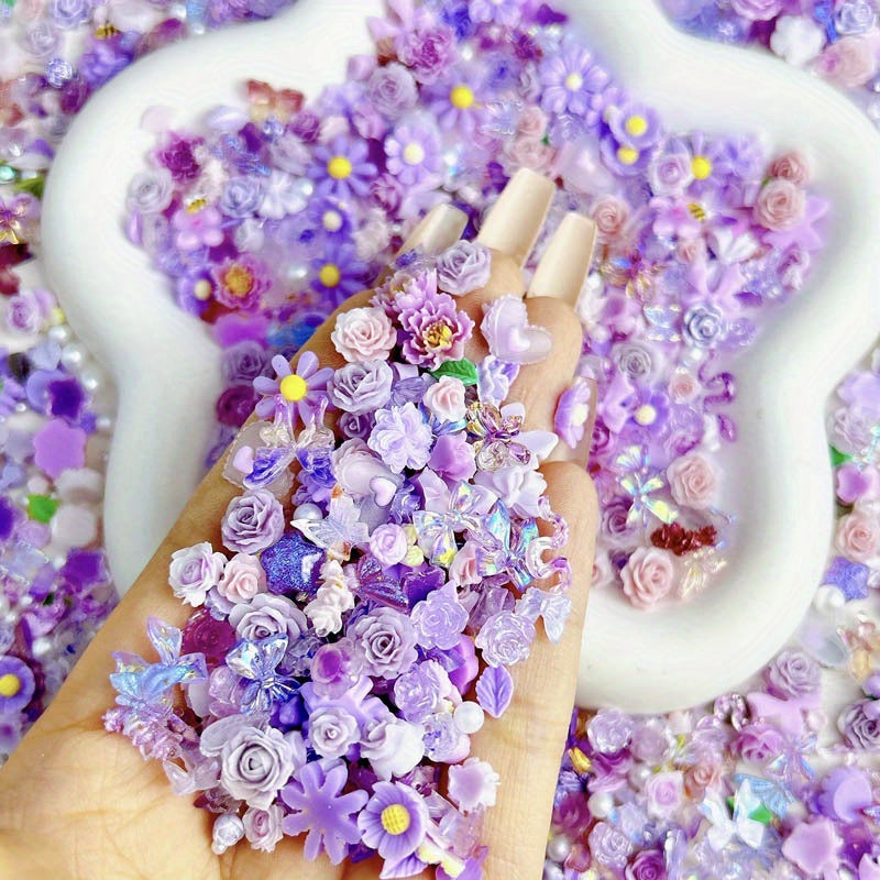 50pcs Mixed Style Nail Art Accessories, Rose Flower Charms, Small Floral Buds, Pearls, Bowknots, Leaves Embellishments For Nail Decoration